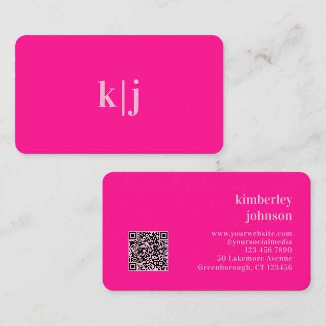 Monogram Hot Rosa Enkel Modern QR-kod Visitkort (Fram/baksida)
