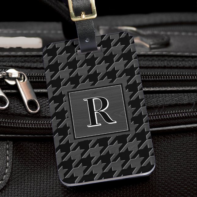Monogram Houndstooth Pattern Black & Grey Wood Bagagebricka (Skapare uppladdad)