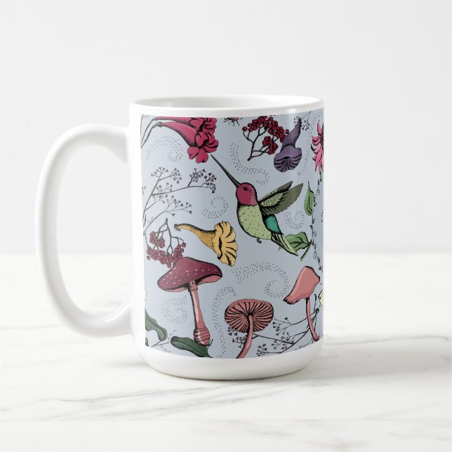 Monogram Hummingbird, Flowers, Mushroom Garden Kaffemugg (Vänster)