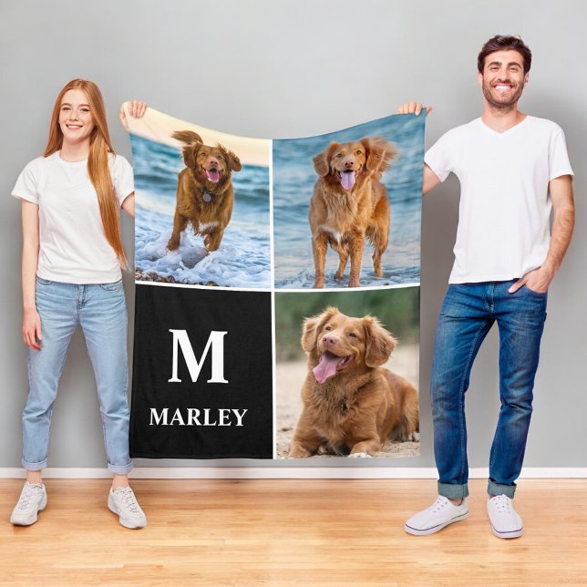 Monogram hundälskare fotokollage husdjur fleecefilt (Skapare uppladdad)