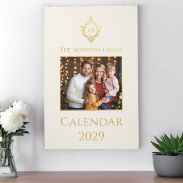 Monogram i Crest Elegant familjefoto Elfenbensvitt Kalender