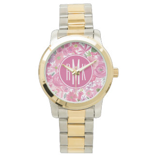 Monogram | I Do Rosa Watercolor Blommönster Armbandsur