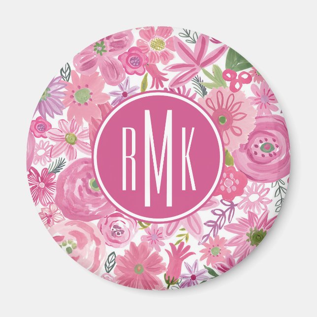 Monogram | I Do Rosa Watercolor Blommönster Magnet (Framsidan)