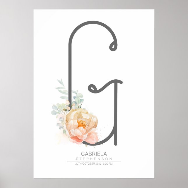Monogram i G med blushrosa blommor för heminrednin Poster (Framsidan)