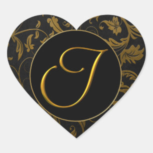 Monogram I Guld och Svart-Damaskonssäl Hjärtformat Klistermärke