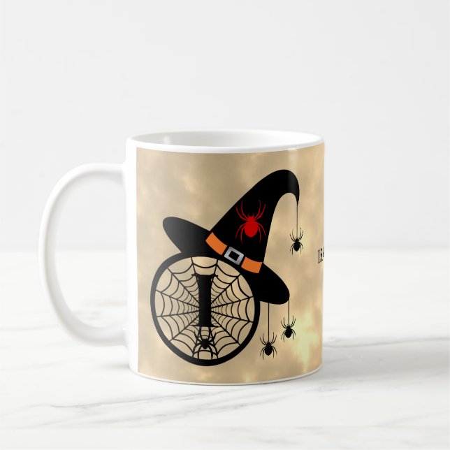 Monogram I Halloween Himlar Witch Spiders Namn Kaffemugg (Vänster)