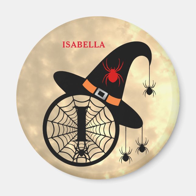 Monogram I Halloween Himlar Witch Spiders Namn Mag Magnet (Framsidan)