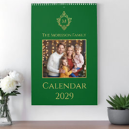 Monogram i Krämgrön Guld Familj Foto Elegant Kalender