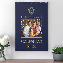 Monogram i marinblått och guld Elegant familjefoto Kalender