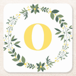 Monogram i O i Guld/Citron med en blomsterkrans Underlägg Papper Kvadrat