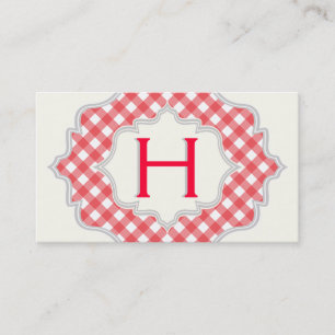 Monogram i ram med röd, vit gingham visitkort