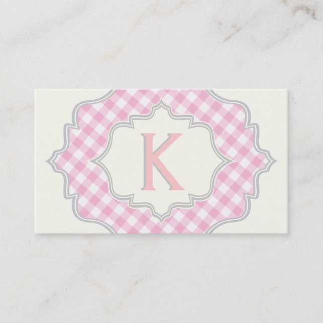 Monogram i ram med rosa, vit gingham visitkort (Framsida)