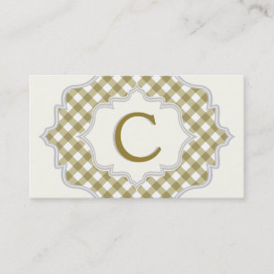 Monogram i ram, oliv grönt, vit gingham visitkort