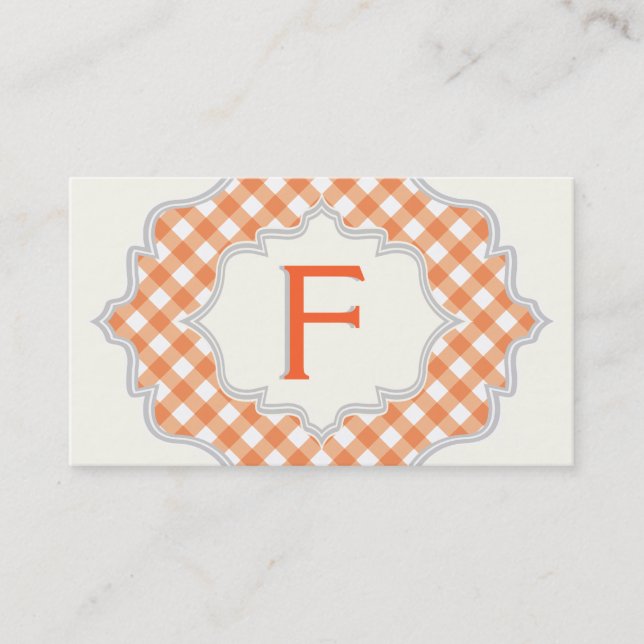 Monogram i ram, orange, vit gingham mönster visitkort (Framsida)