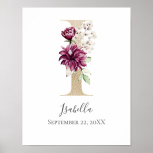 Monogram I Rosa Vit Blommigt Guld Brev Nursery Poster