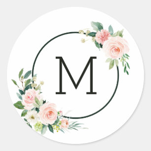 Monogram i rosenskär akvarellblomma runt klistermärke