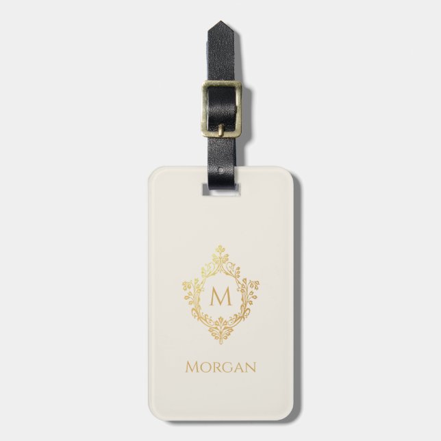 Monogram i vapen elfenben falskt guld elegant vint bagagebricka (Vertikal Framsida)
