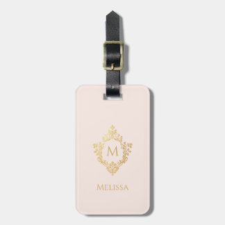 Monogram i vapensköld Rosa Falskt Guld Vintage Ele Bagagebricka