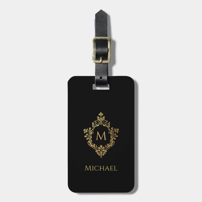 Monogram i vapensköld svart elegant vintage falskt bagagebricka (Vertikal Framsida)