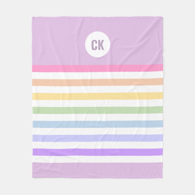 Monogram i vit cirkel Pastel Rainbow Rand Fleecefilt (Framsidan)