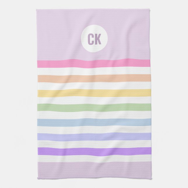 Monogram i vit cirkel Pastel Rainbow Rand Kökshandduk (Vertikal)