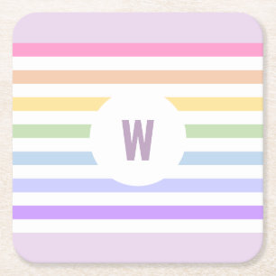 Monogram i vit cirkel Pastel Rainbow Rand Underlägg Papper Kvadrat