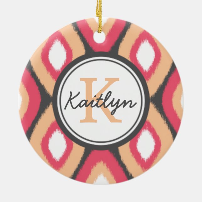 Monogram Ikat Diamonds Mönster Rosa Grått Julgransprydnad Keramik (Baksidan)