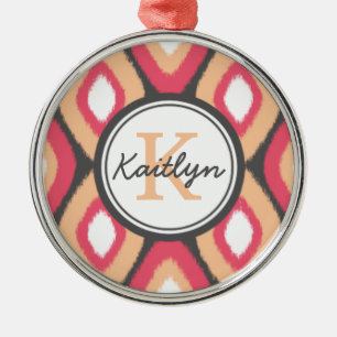 Monogram Ikat Diamonds Mönster Rosa Grått Julgransprydnad Metall