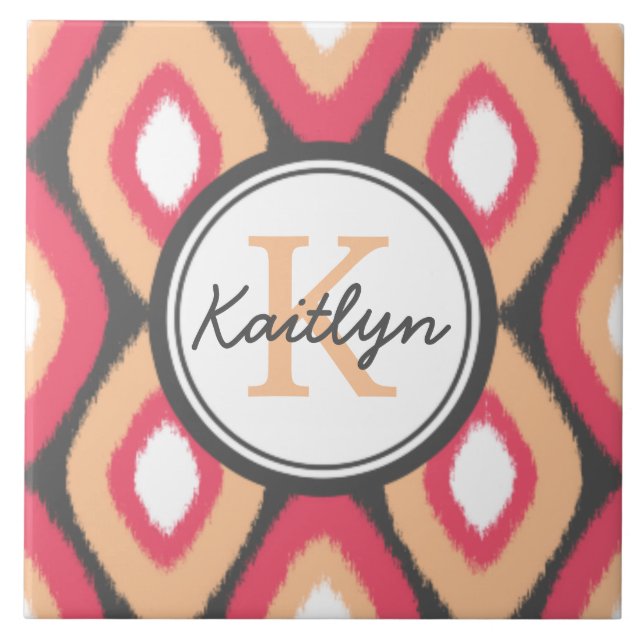 Monogram Ikat Diamonds Mönster Rosa Grått Kakelplatta (Framsidan)