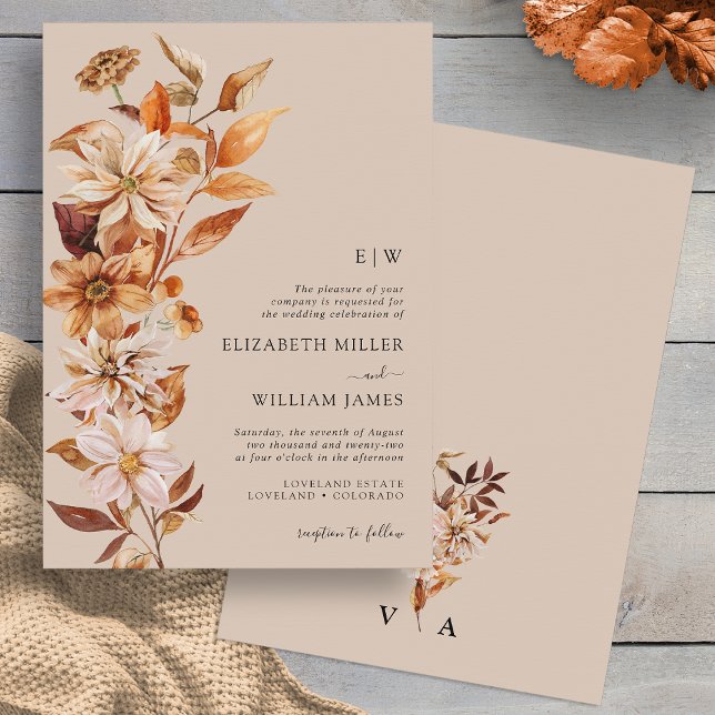 Monogram - inbjudan till bröllopsbröllop (Monogram Fall Floral Taupe Wedding Invitation by Painted Paperie
)