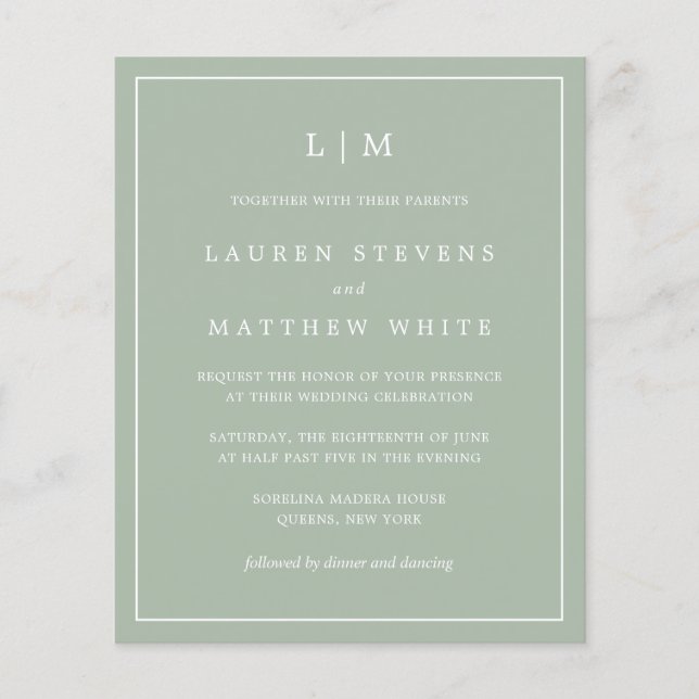 Monogram - inbjudan till budgetbröllop om enkel Gr (Framsida)