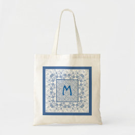 Monogram Indigo Blue Blommigt Gräns Tote Bag Tygkasse