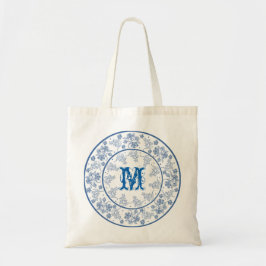 Monogram Indigo Blue Blommigt Gräns Tote Bag Tygkasse