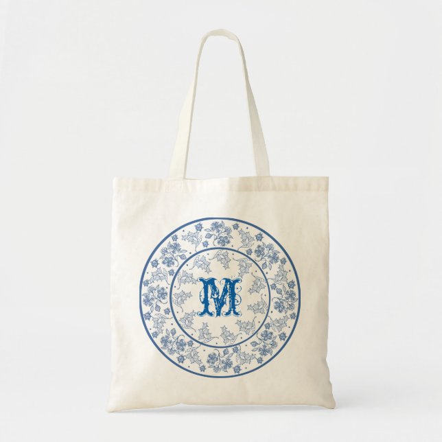 Monogram Indigo Blue Blommigt Gräns Tote Bag Tygkasse (Framsidan)