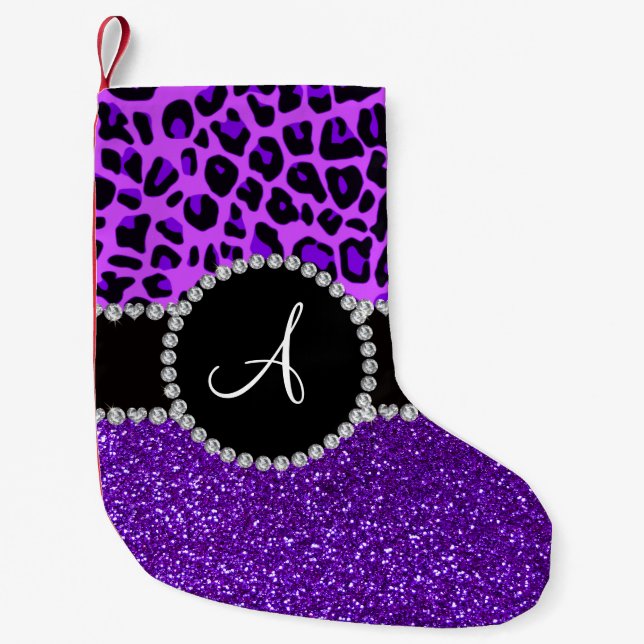 Monogram indigo lila glitter neon lila leopard liten julstrumpa (Framsidan)