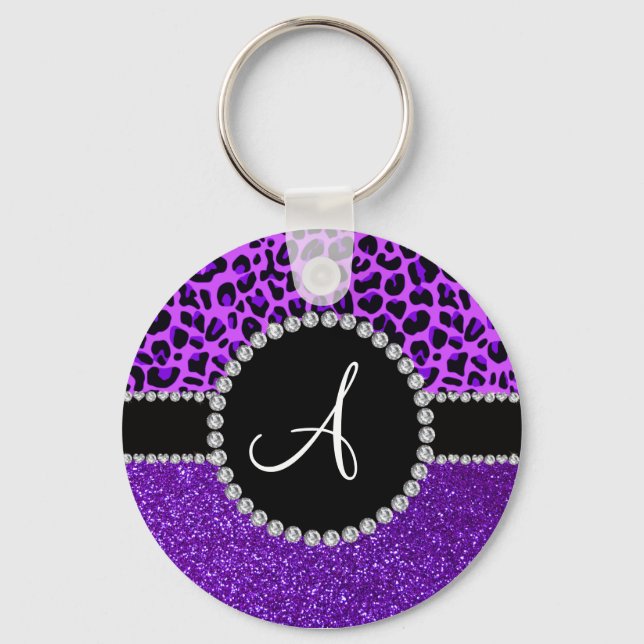 Monogram indigo lila glitter neon lila leopard nyckelring (Framsida)