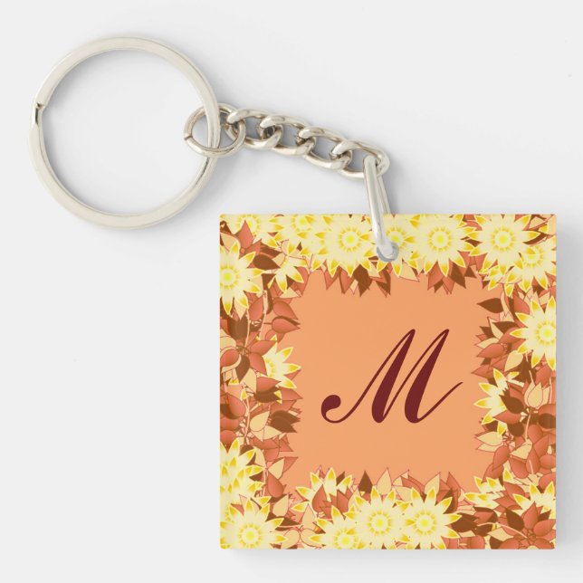 Monogram infattat med blommor - kakaobrun och gul (Framsidan)