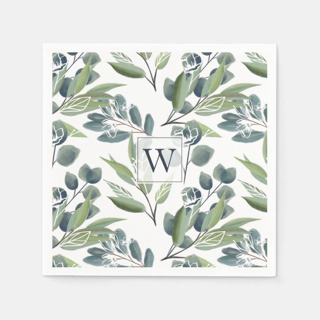 Monogram Inital Elegant Watercolor Winter Foliage Pappersservett (Framsidan)