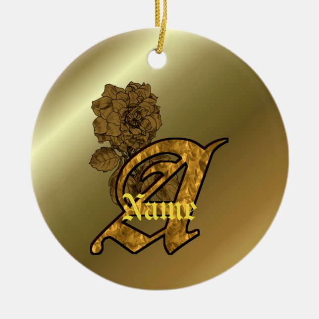 Monogram initial A Elegant guld peony Personlig Julgransprydnad Keramik (Framsidan)