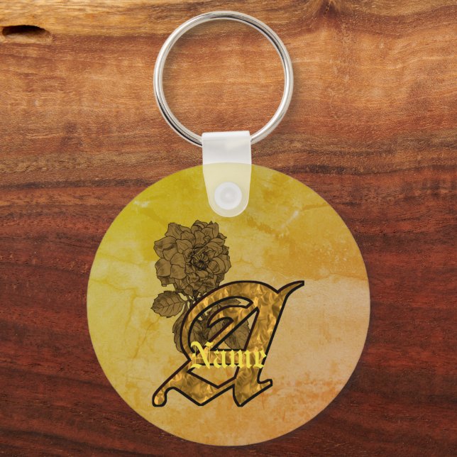 Monogram initial A Elegant guld peony Personlig Nyckelring (Framsida)