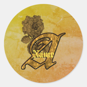 Monogram initial A Elegant guld peony Personlig Runt Klistermärke