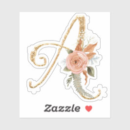 Monogram Initial A Guld Glitter Peony Ro Blommigt Klistermärken