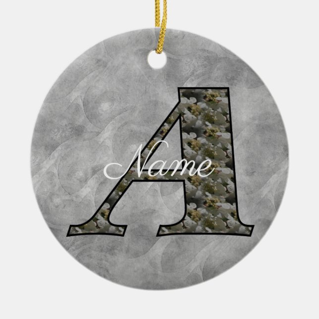 Monogram initial A Hortensia Blommor Personlig Julgransprydnad Keramik (Framsidan)