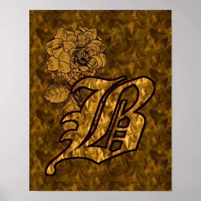 Monogram initial B Elegant guld peony blomma Poster (Framsidan)