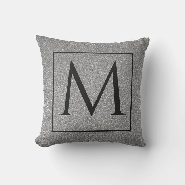 Monogram Initial Black White Grått Glitter Snyggt Kudde (Framsida)