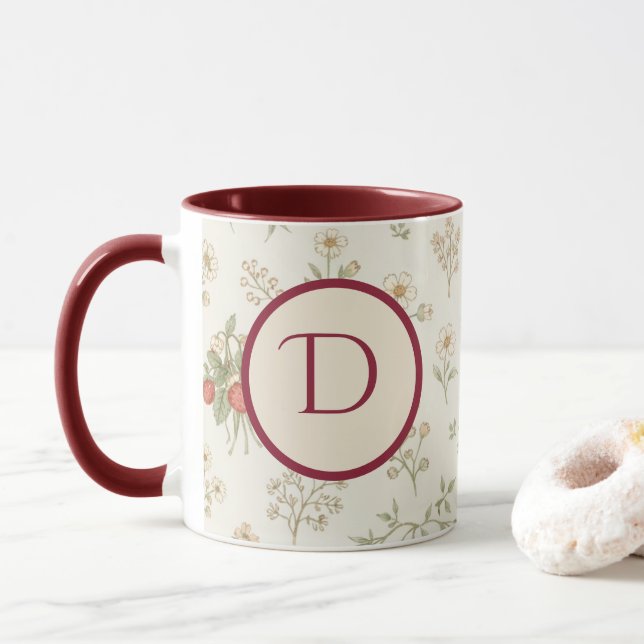 Monogram initial boho pilträdet & jordgubbar prese mugg (Med munk)