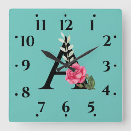 Monogram Initial Brev A i vita Rosa ros Fyrkantig Klocka