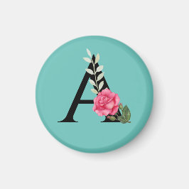 Monogram Initial Brev A i vita Rosa ros Magnet