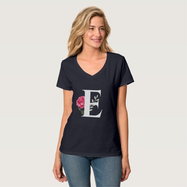 Monogram Initial Brev E i Vita Rosa ros T Shirt (Hel framsida)