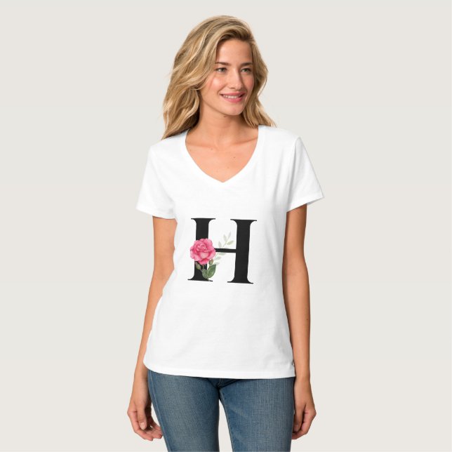 Monogram Initial Brev H i Black med Rosa ros T Shirt (Hel framsida)